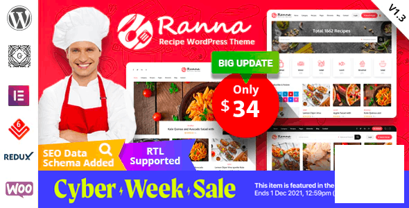 Ranna v1.4.1 – Food & Recipe WordPress 主题 + RTL