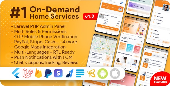 On-Demand Home Services v3.0.0  – 企业列表、带有管理面板的杂工预订