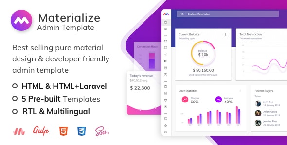 Materialize v12.6.0 – HTML 和 Laravel 材料设计管理模板