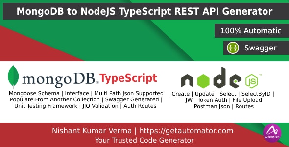 MongoDB REST API Generator in NodeJS TypeScript + JWT Auth + Postman + Swagger + File Upload v1.4