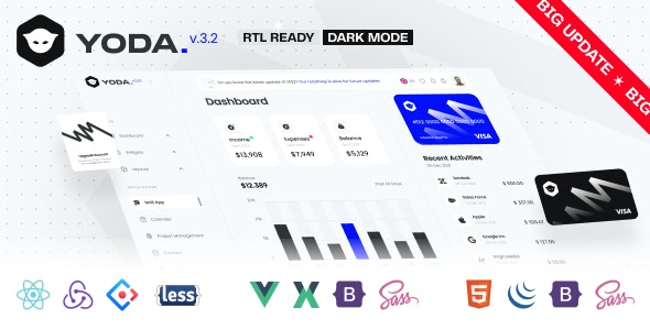 Yoda v3.2 – Bootstrap 5 HTML、Vue、React 管理仪表板模板