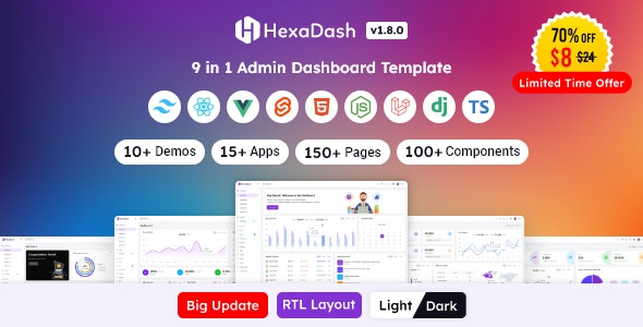 HexaDash v1.8.7 – Tailwind CSS, React, Svelte, Vue, Laravel, Nodejs, Django & HTML Admin Dashboard Template