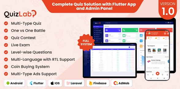 QuizLab v2.0  – Complete Quiz Solution with Flutter App and Admin Panel