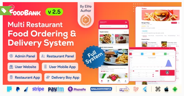 FoodBank Multi Restaurant v3.0 – 带有管理和餐厅面板的餐厅应用程序+APP