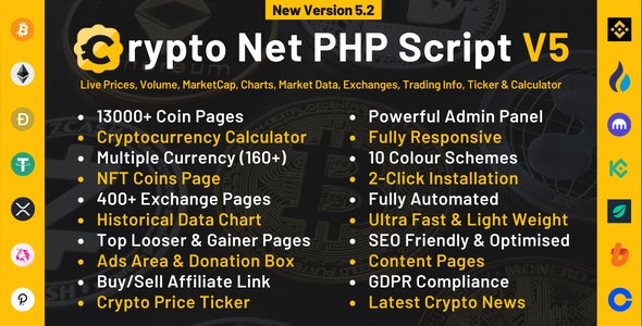 Crypto Net V5.5 – Coinmarketcap, Prices, Chart, Exchanges, Crypto Tracker, Calculator & Ticker Php Script