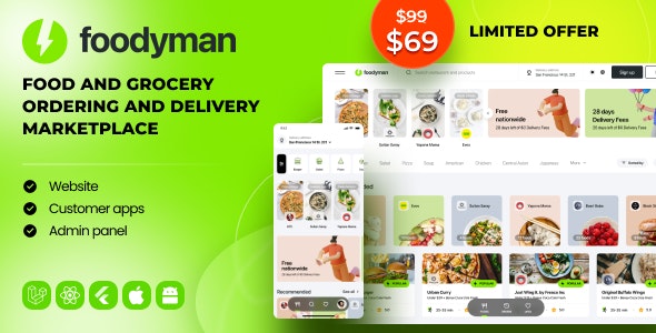 Foodyman v2024-22 – Multi-Restaurant Food & Grocery Ordering and Delivery Marketplace (Web & Customer Apps)