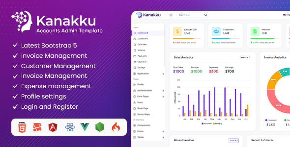 Kanakku v21 December 2024 – 使用 RTL 的销售、发票和帐户管理模板（HTML5、React、Laravel、Vue、Angular）