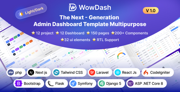 WowDash v1.0 – Tailwind, Bootstrap, React, Next, Django, Php, Laravel ASP.net Admin Dashboard